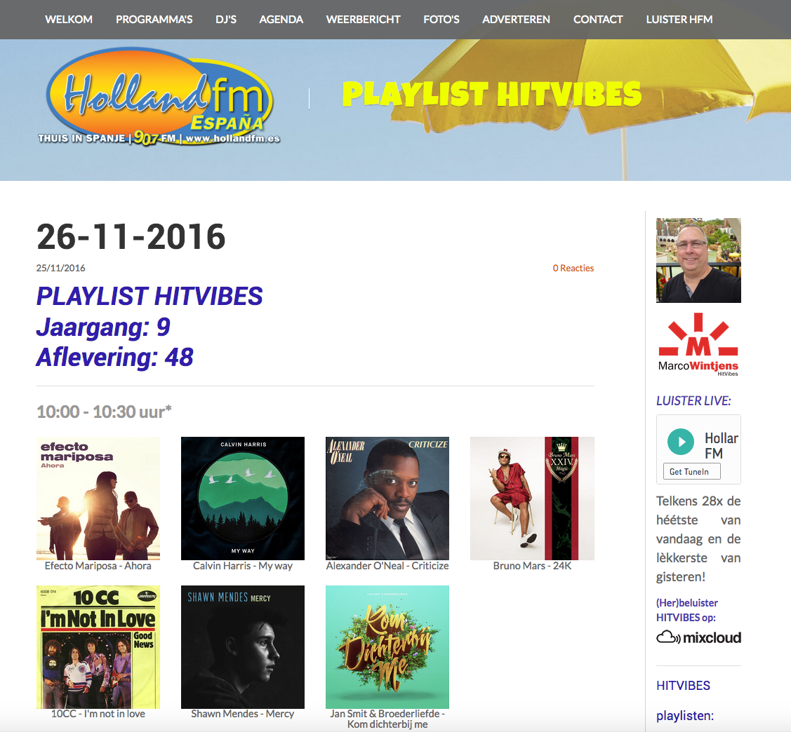 Playlist HITVIBES ESPAÑA met Marco Wintjens op Holland FM Gran Canaria